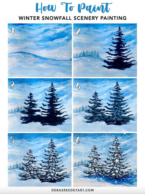 Winter Snowfall Scenery Painting - Easy Winter Painting Ideas For Beginners 8x10 Acrylic Paintings, Easy Winter Tree Painting, Winter Art Class Ideas, Winter Paint And Sip Ideas Easy, Beginner Winter Painting, Snowy Winter Painting, Winter Art Painting Easy, How To Paint Snowy Mountains, Winter Forest Painting Easy