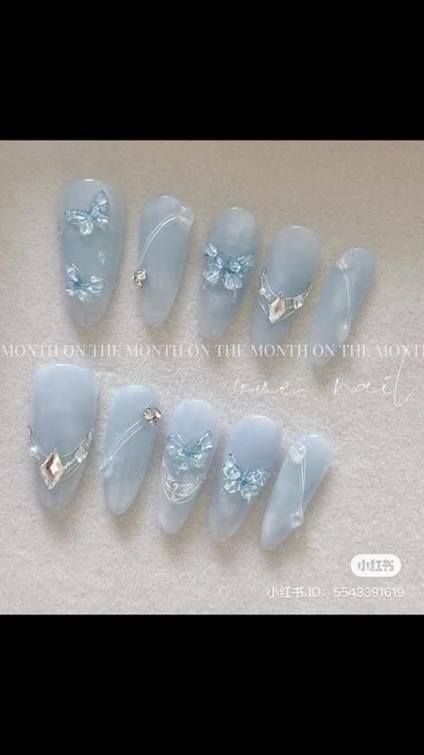 Butterfly Blue Nails, Blue Cat Eye Nails Design, Blue Butterfly Nails, Nails Space, Nails Long Almond, Nails Tiktok, Blue Press On Nails, Nails Cat Eye, Nails Star