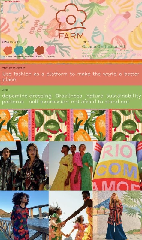 Brand board for Brazilian fashion brand - FARM RIO. Includes color scheme, font, mission statement, vibes, some patterns and snipers from their social media Website Advertising, Sustainability Projects, Ipanema Beach, Marketing Analysis, Social Media Trends, Sustainable Practices, Brand Board, Sustainable Brand, Brand Marketing