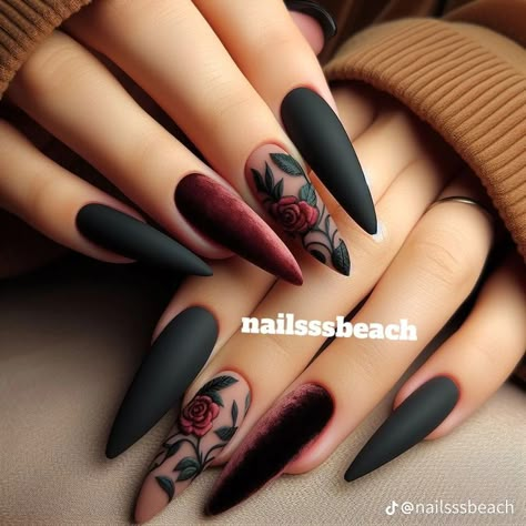 Cute Vampire Nails, Gothic Nail Inspiration, Fall Nail Looks, Morticia Addams Nails, Dark Romance Nails, Nails With Roses Design, Black Rose Nails, Moody Nails, Black Wedding Nails