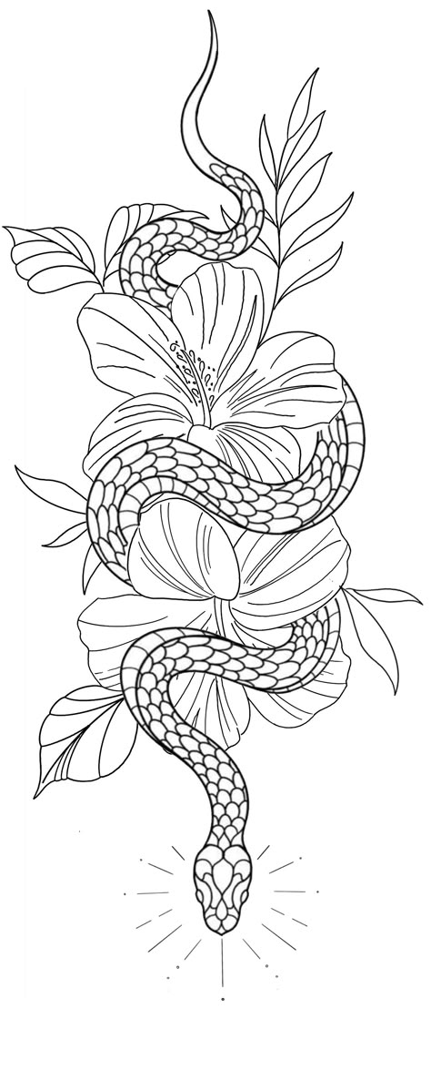 Hibiscus Snake Tattoo, Snake And Hibiscus Tattoo, Snake Tattoo Design For Women, Leg Tattoo Stencils For Women, Snake Tattoo Stencil, Snake With Flowers Tattoo, Tattoo Stencil Ideas, Snake And Flowers Tattoo, Small Dope Tattoos