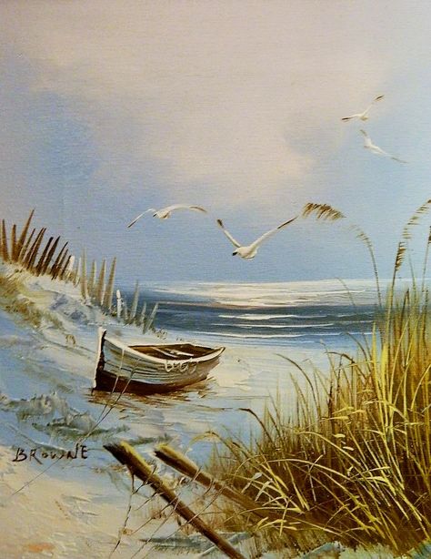 Beach Scene Painting, Painting On Canvas For Beginners, Beach Art Painting, Lighthouse Painting, Canvas For Beginners, Sailboat Painting, Boat Art, Boat Painting, Landscape Art Painting