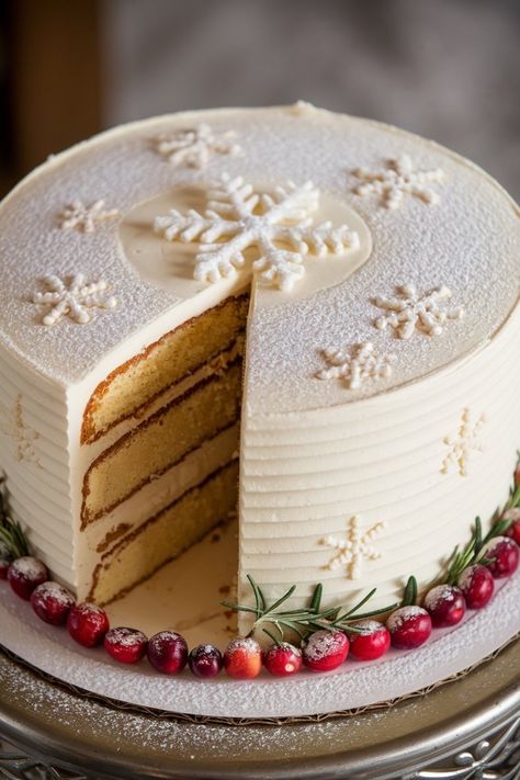 Celebrate Christmas Eve with a festive Winter Vanilla Cake! Vanilla layers, creamy buttercream, and snowy decorations make this cake a holiday centerpiece. Christmas Cakes Design Ideas, Christmas Cake Inspiration, Vanilla Spice Cake, White Chocolate Christmas Cake, Winter Cake Decor, Winter White Cake, Christmas Layered Cake, Winter Bridal Shower Cake, Christmas Cake Quotes