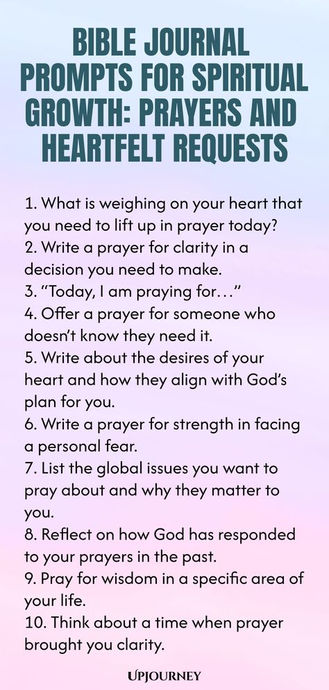 Explore these insightful Bible journal prompts designed to deepen your spiritual growth. Reflect on prayers and heartfelt requests as you journey through your faith walk. Let these prompts guide you in connecting with God on a deeper level and finding peace in His presence. Great for personal devotionals or group discussions, start your journaling journey today! Bible Reflection Journal, Daily Devotional Journal Ideas, Christian Journaling Ideas, Bible Journaling Prompts, Devotional Journal Ideas, Bible Journal Prompts, Christian Journal Prompts, Prayer Journal Prompts, Prayer Journal Template