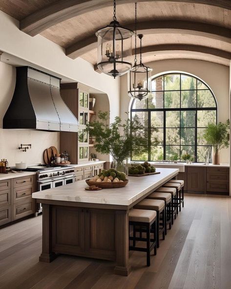 High End Transitional Kitchen, Large Kitchen Double Island, Step Down Family Room From Kitchen, Chefs Kitchen At Home, European House Design Interior, European Home Interior Design, Kitchen Modern Mediterranean, Kitchen With Fireplace And Island, Mediterranean House Kitchen