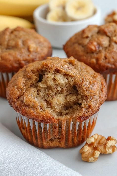 Low Calorie Greek Yogurt Banana Muffins Weight Watcher Banana Muffins, Banana And Yogurt Recipes, Banana Muffins With Yogurt, Low Calorie Banana Muffins, Low Sugar Banana Muffins, Weight Watchers Banana Muffins, Yogurt Banana Muffins, Moist Banana Muffin Recipe, Greek Yogurt Banana Muffins