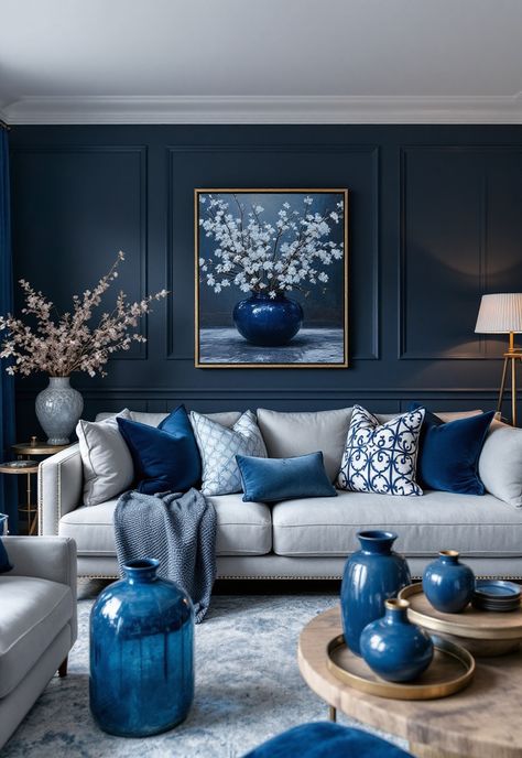 Grey Couch Living Room Gray Couch With Blue Accent Chairs, Blue Cushions On Grey Sofa, Grey Sofa Navy Cushions, Blue Living Room Grey Sofa, Blue Gray Couch Living Room Ideas, Grey Sofa Blue Walls, Blue Grey Living Room Color Scheme, Grey Couch With Blue Accents, Dusty Blue Sofa Living Rooms