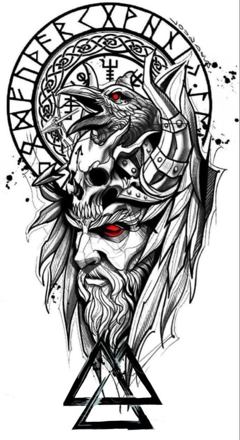 Viking Realism Tattoo, Gods Tattoos Mythology, Viking Drawing Warriors, Jormungandr Tattoo Design, Nordic Viking Tattoo Design, Loki Tattoo Norse Mythology, Viking Tattoo Stencil, Norse Mythology Wallpaper, Norse God Tattoo