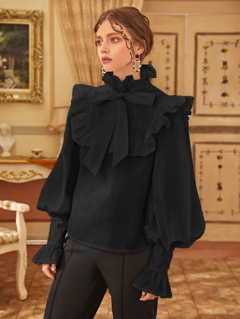 Ruffle Top Blouses, Ruffle Trim Top, Mode Abaya, Top Shein, Plain Tops, Women Blouses, Fashion Design Clothes, Lantern Sleeve, Shein Style