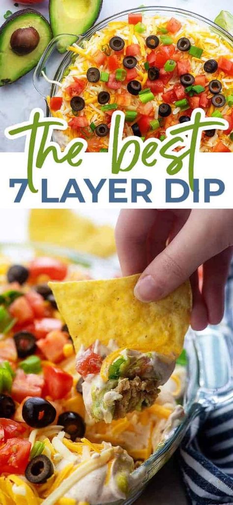 Easy Layered Bean Dip, Chips And Dip Charcuterie Board, Layer Dip Recipe, 7 Layer Dip Recipe, Layered Dip, Layered Bean Dip, Layered Taco Dip, Layered Dip Recipes, Refried Beans Recipe