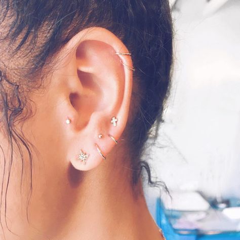 - Tragus, multiple lobe and double helix. @minnah1999 Ear Piercing Combinations, Constellation Piercings, Septum Piercings, Multiple Earrings, Multiple Ear Piercings, Cute Ear Piercings, Cute Piercings, Piercings Unique, Daith Piercing