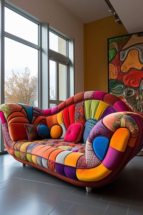 Funky Couch, Poltrona Design, Colorful Couch, Patchwork Furniture, Bohemian Style Sofa, Funky Chairs, Fantasy Furniture, Unusual Furniture, Unique Furniture Design