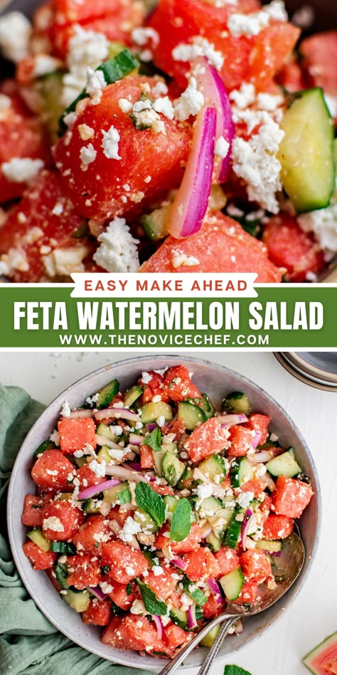 Sweet cold watermelon and creamy feta cheese star in this tangy-salty-sweet recipe for Watermelon Feta Salad. It’s a juicy, crisp, and savory side dish that will impress and delight everyone! Feta Watermelon Salad, Watermelon Salad With Feta Cheese, Feta Watermelon, Watermelon Feta Salad Recipes, Salad With Feta Cheese, Benefits Of Dandelion, Easy Potluck Recipes, Watermelon Salad Recipes, Salad With Mint