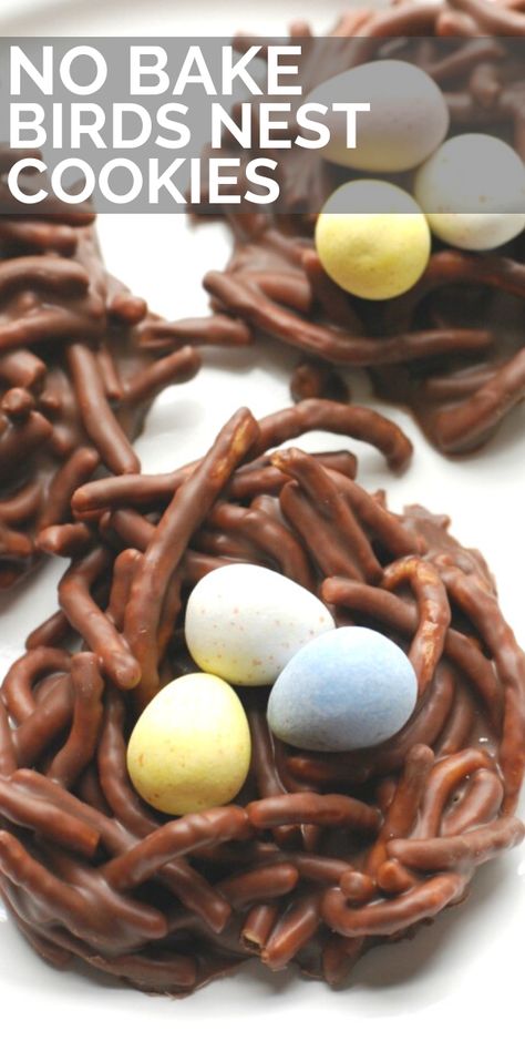 Adorable no bake Chow Mein Noodle Birds Nest Cookies recipe uses both chocolate and peanut butter to make the most delicious nests. The addition of mini-eggs makes the nests look realistic and beautiful, while still being yummy! #cookies #easter #birdsnestcookies #eggs Birds Nest Cookies, Easter Birds Nest, Chocolate Nests, Easter Egg Nest, Easter Food Appetizers, Easter Nests, Easter Dishes, Easter Snacks, Easter Sweets