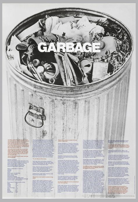 Definitions of Refuse. Poster illustrating a large trashcan with text. Imprinted in white ink at upper center: GARBAGE; lengthy text at lower recto imprinted in red and blue ink: And Man created the plastic bag and the tin/ and aluminum can and the cellophane wrapper/ and the paper plate...As the earth becomes more/ crowded, there is no longer an "away." Design Conference, Shirley Manson, Invisible Cities, Cooper Hewitt, Poster Project, Eye Logo, Conference Design, Aluminum Can, International Design