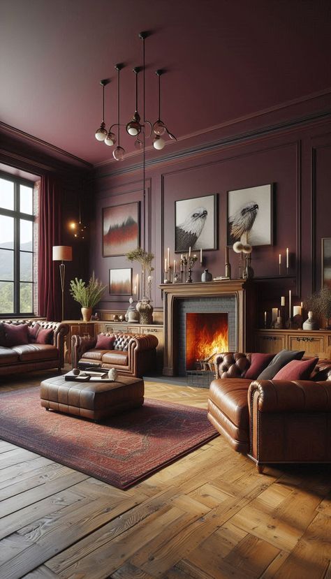 Burgundy Walls Living Room Ideas, Burgundy Library Room, Dark Red Library, Burgundy House Decor, Maroon Home Decor, Burgundy And Brown Living Room, Burgundy And Gold Living Room, Burgundy Living Room Walls, Rich Colors Living Room