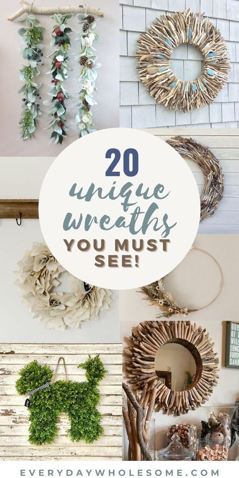 Everyday Wholesome | 20 Unique & Modern Wreaths You Have To See Wreaths For Windows Inside Kitchen, Bead Wreaths, Modern Wreaths, Inside Kitchen Cabinets, Hoops Embroidery, Inside Kitchen, Unique Front Doors, Wreath Alternative, Rustic Front Door