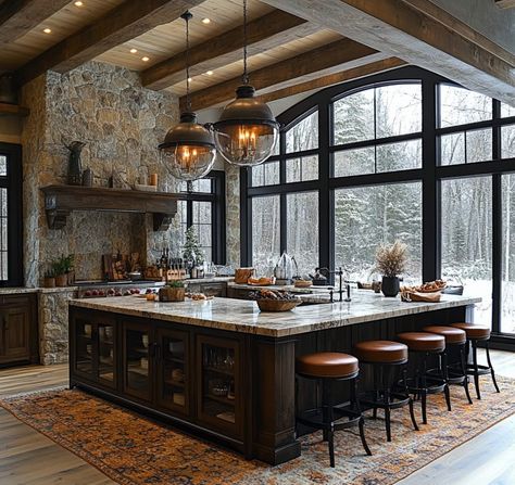 Spanish Hacienda Kitchen, Hacienda Kitchen, Mountain Project, Exposed Wood Beams, Winter Kitchen, Spanish Hacienda, Marble Island, Warm Kitchen, Dream Life House