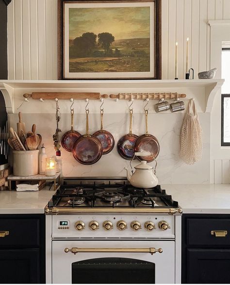 Art Above Stove, Shelf Above Stove, Stove Nook, Collected Kitchen, Antique Glass Cabinet, Unconventional Kitchen, Vintage Decorating Ideas, Peg Shelf, Glass Cabinets