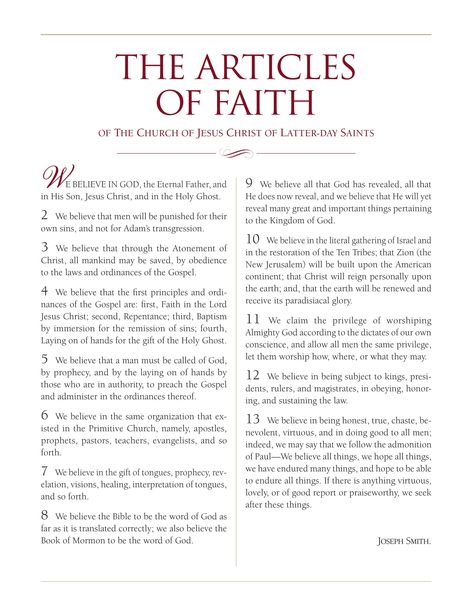 The official poster of “The Articles of Faith of The Church of Jesus Christ of Latter-day Saints.” Family Proclamation, Proclamation To The World, Activity Day Ideas, Lds Scriptures, Yw Activities, Lds Living, Young Women Ideas, Articles Of Faith, Lds Young Women