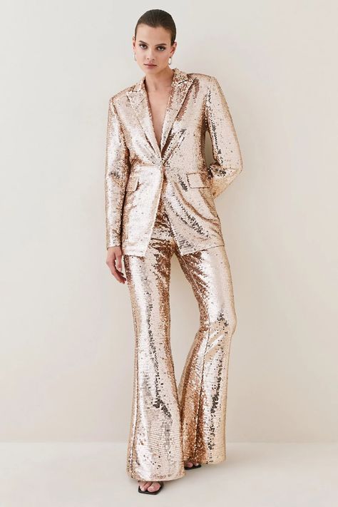 Gold And Black Outfit, Prom Suit Ideas, Funky Formal, Cocktail Pants, Female Business Attire, Sequin Coats, Sequin Suit, Tie Dresses, Elegance Dress