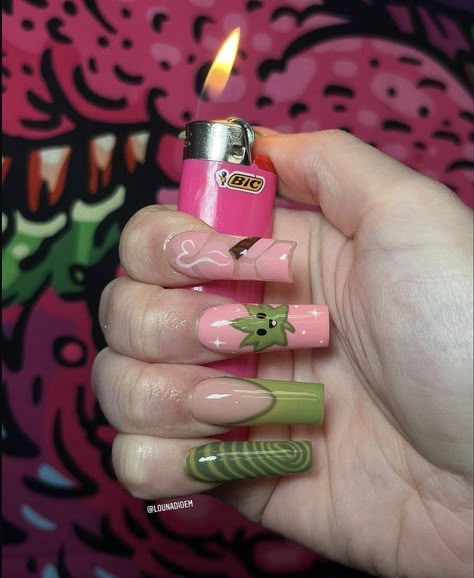 Baddie Halloween Nails Acrylic, 4 20 Nails, G59 Nails, Hood Nails, Lsd Nails, Painted Acrylic Nails, Acrylic Nails Ideas, Punk Nails, Drip Nails