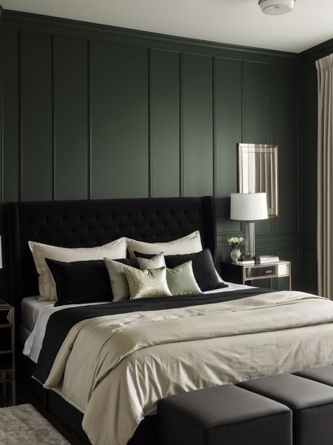 Green Black Bedroom, Black Bedroom Accent Wall, Dark Green Accent Wall, Green Accent Wall, Dark Gray Bedroom, Bedroom Accent Wall, Green Accent Walls, Dark Green Walls, House Redesign