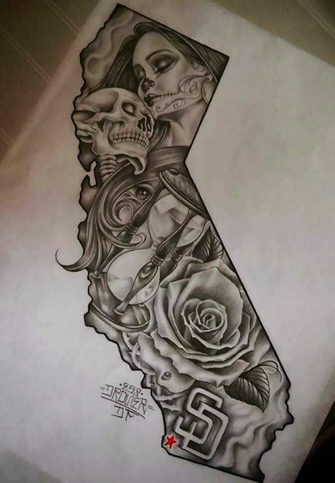 Cali                                                                                                                                                                                 More Skull Face Tattoo, San Diego Tattoo, Chicanas Tattoo, Design Your Own Tattoo, Catrina Tattoo, California Tattoo, Gangsta Tattoos, Chicano Tattoos, Chicano Tattoo