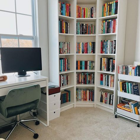 12 Corner Bookshelf Ideas to Maximize Space and Style in Your Home Bookshelf In Front Of Window, Bookshelf In Office Small Spaces, Corner Office Storage, Corner Storage Ideas Bedroom, Book Shelves With Desk, Desk Between Bookshelves, Reading Corner Bookshelf, Small Corner Library, Home Library Small Space