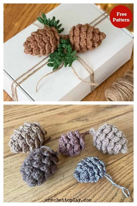 5 Pine Cone Ornament Free Crochet Pattern Crochet Pinecone, Crochet Ornaments Free Pattern, Crochet Christmas Ornaments Free Pattern, Pine Cone Ornaments, Pine Cone Ornament, Crochet Fall Decor, Cone Ornaments, Christmas Sewing Patterns, Holiday Crochet Patterns