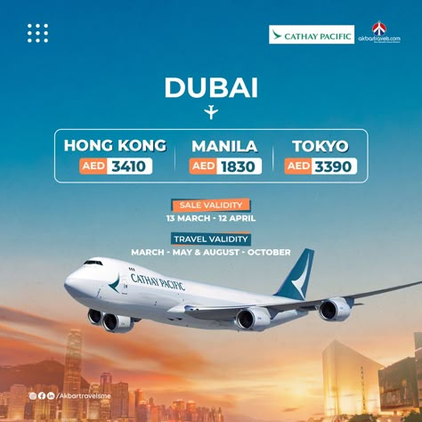 🌟✈️ Exciting news travelers! Experience the world with Cathay Pacific's special fares from Dubai to your dream destinations! 🌏✨ 🇭🇰 Dubai to Hong Kong: AED 3,410 🇵🇭 Dubai to Manila: AED 1,830 🇯🇵 Dubai to Tokyo: AED 3,390 📅 Sale Validity: March 13th - April 12th ✈️ Travel Validity: March - May & August - October 🎉 Don't miss this opportunity to explore these incredible cities at amazing prices! Book now and let your adventures begin! 🎫✨ Visit: https://www.akbartravels.com/ae/flight #cathay... Travel Design Ideas, Travel Post Ideas, Travel Advertising Design, Travel Website Design, Travel Ad, Creative Post, Travel Advertising, Travel Post, Travel Poster Design