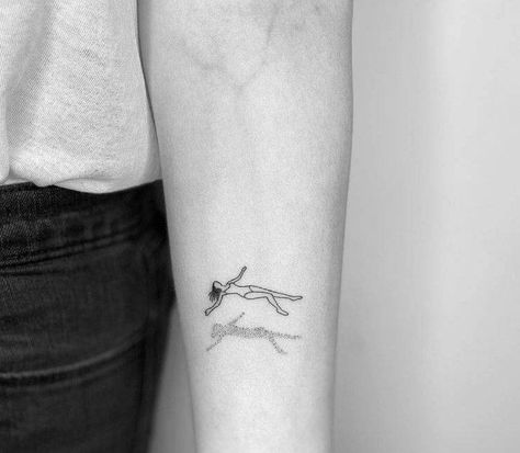 Floating Rock Tattoo, Florence Tattoo Ideas, Floating Woman Tattoo, Woman Swimming Tattoo, Floating Tattoo, Fine Line Sternum Tattoo, Falling Tattoo, Hippo Tattoo, Fall Tattoo