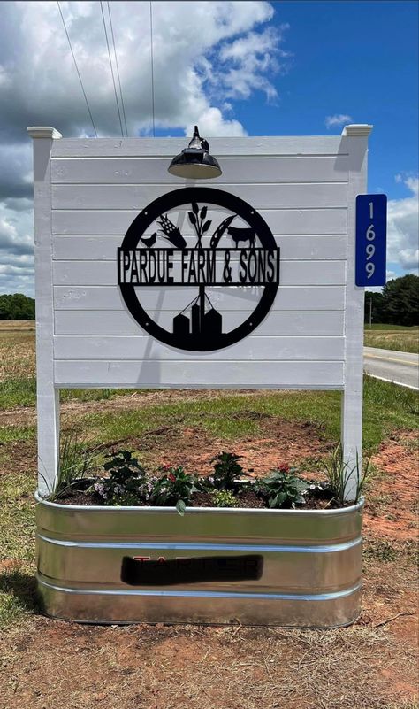 Feed Trough Planter Ideas, Outdoor Sign Ideas For Business, Outdoor Business Signs Ideas, Lighted Business Signs Outdoor, Watering Trough Planter, Wooden Farm Signs Entrance, Metal Farm Signs Entrance, Metal Yard Signs Outdoor, Family Farm Sign