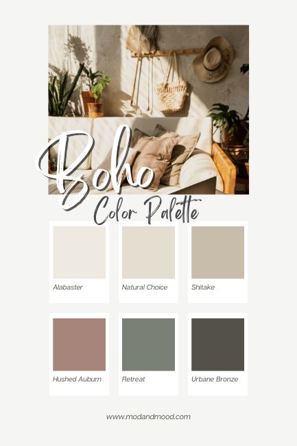 Boho Aesthetic Color Palette Inspiration for 2024 (Plus 28 Paint Colors to Use!) - Mod & Mood Boho Paint Colors, Boho Color Scheme, Aesthetic Color Palette, Living Colors, Easy Acrylic Painting, Sherwin Williams Colors, House Color Palettes, Farm House Colors, Aesthetic Color