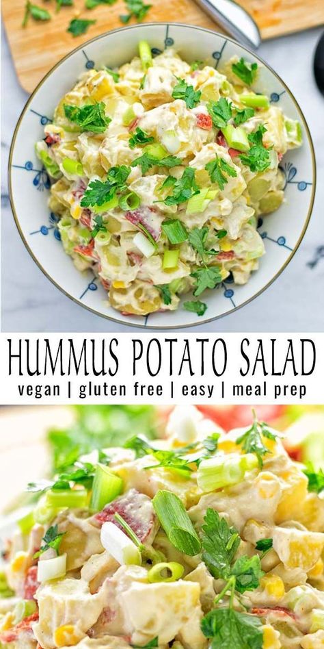 Easy to make and super tasty: Hummus Potato Salad. Naturally vegan and gluten free. Full of crunchy vegetables and fresh herbs, it is made nut-free with hummus instead of mayo. Perfect for lunch or dinner, and an amazing addition for BBQs. #vegan #glutenfree #easy #bbq #salad #potatoes #hummus #flavor #mealprep #dairyfree #potatosalad #dinner #lunch #contentednesscooking Hummus Potato Salad, Vegan Party Salad, Recipes With Hummus, Vegan Gluten Free Lunch, Mediterranean Bowl, Vegan Potato Salad, Potato Sauce, Bbq Salad, Crunchy Vegetables