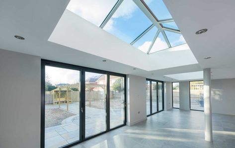 Flat Roof Balcony, Open Roof Design, Lantern Roof Extension, Screened Patio Ideas, Victorian House Kitchen, Lantern Roof Light, Bifold Windows, Sliding French Doors Patio, Lantern Roof