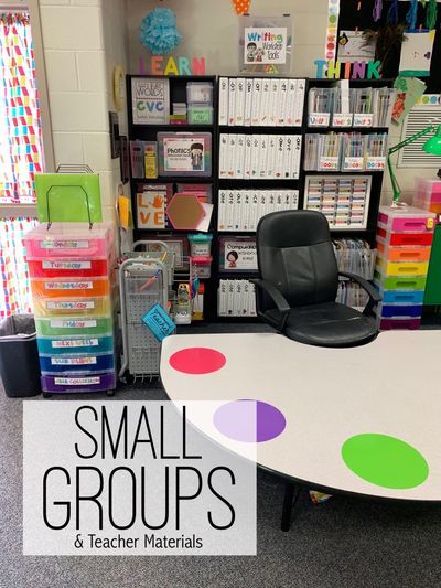 Preschool Teacher Area In Classroom, Classroom Setup Kindergarten Layout, 2nd Grade Classroom Decorations, Guided Reading Table Set Up, Teacher Area And Small Group Table, Elementary Small Groups, Small Classroom Organization Elementary, Small Teacher Desk Area Classroom Setup, Classroom Library Ideas Kindergarten