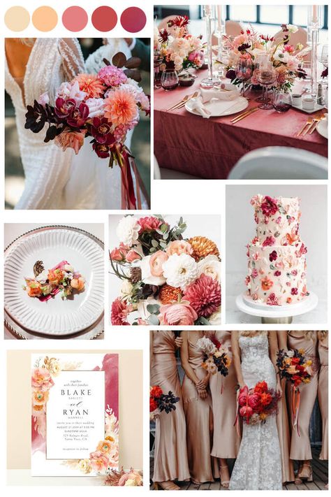 Peach, Cream and Burgundy Wedding Color Palette - One2inspire Designs May Wedding Color Pallet, Peach Burgundy Wedding Color Schemes, Burgundy Coral Wedding, October Wedding Pink Color Palettes, Burgundy Pink And Orange Wedding, Peach Pink Burgundy Wedding, Fall Wedding Color Palette Pink, Burgundy Peach Ivory Wedding, Pink Peach Champagne Wedding