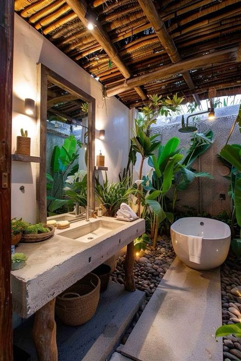 Bali Exterior House, Bathroom No Windows, Bali Bathroom Ideas, Bali Stay, Bathroom Jungle, Bali Bathroom, Balinese Bathroom, Mural Jungle, Canggu Villa