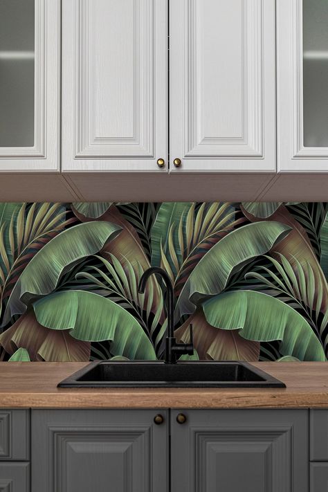 Green Tropical Leaves Kitchen Tile Sticker | Kitchen Backsplash Stickers | Peel And Stick | Bathroom Wall Tile Sticker | Kitchen Tiles Tile Stickers Kitchen, Penny Tile, Small Corner, Kitchen Tile, Kitchen Area, Bathroom Wall Tile, Kitchen Tiles, Bathroom Wall, Tropical Leaves