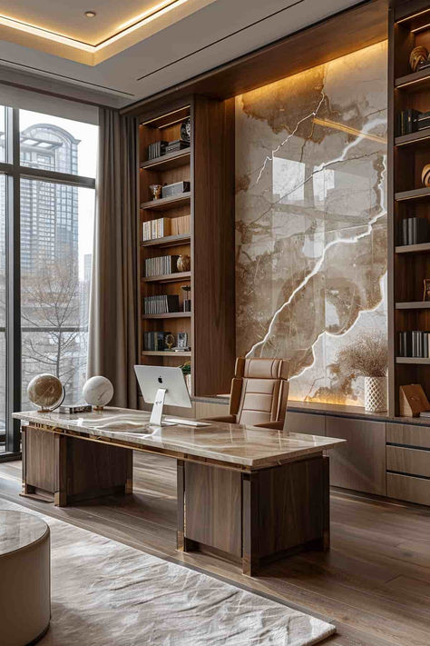 39 Elegant Office Accent Walls to Transform Your Workspace Office Accent Wall Ideas, Executive Office Design Interior, Office Interior Design Luxury, Office Accent Wall, Principles Of Interior Design, Luxury Office Interior, Office Feature Wall, Executive Office Design, Table Detail