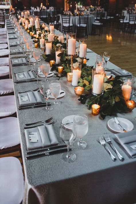 Anna Hank at Café Brauer // A Fresh Event Wedding Head Table Candles, Head Table Candles, Cafe Brauer, Floating Candles Wedding, Wedding Candles Table, White Floral Wedding, Prairie School, Indoor Wedding Receptions, Lincoln Park Zoo