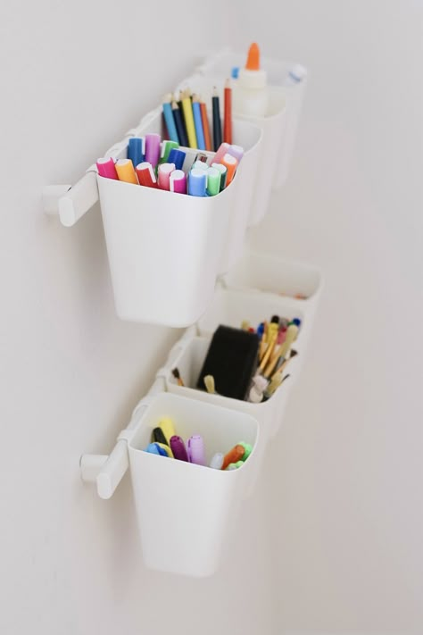 Ikea Pencil Holder, Ikea Art Station For Kids Bedroom, Playroom Storage Art Supplies, Ikea Playroom Wall Shelves, Ikea Sunnersta Kids, Art Supply Wall Storage, Art Wall Storage, Ikea Kids Art, Playroom Craft Table