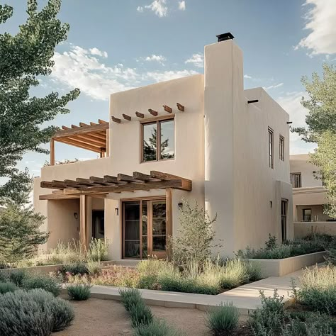 Adobe Style Houses | 29+ Homes That Are Sure to Inspire Two Story Concrete House, Southwest Adobe Homes, Sante Fe Style Homes, New Mexico Modern Home, Dessert House Exterior, Adobe Revival Home, Santa Fe Homes Exterior, Earthhome Earthship Home, Australia Home Design