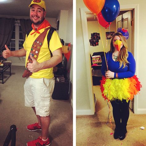 Couples Halloween Costume. Disney's Up. Kevin and Russell. Disney Up Halloween Costume, Up Costume Ideas Couple, Up Movie Halloween Costume Couple, Up Bird Costume Kevin, Halloween Costume Russell From Up, Disney Running Costumes Couples, Disney Marathon Costumes, Disney Couple Costumes, Halloween Run