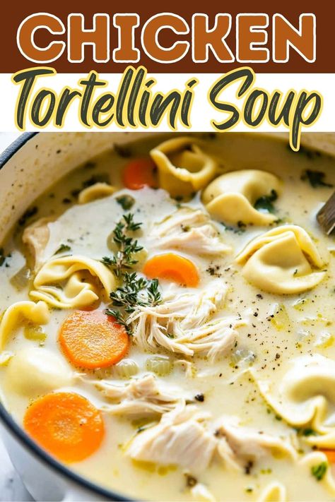 Warm up with a bowl of this amazing chicken tortellini soup! It's creamy, satisfying, and guaranteed to please. Dutch Oven Tortellini Soup, Creamy Chicken Tortellini Soup Recipes, Pioneer Woman Tortellini Soup, Chicken Tortilini Recipes Soups, Chicken Tortalini Soup, Chicken Tortilini Soup, Chicken Tortellini Soup Recipes, Crockpot Chicken Tortellini Soup, Chicken And Tortellini Soup