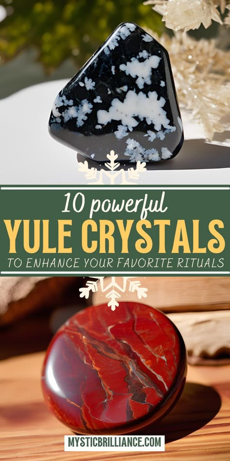 Picture of snowflake obsidian and red jasper with text overlay 10 Powerful Yule Crystals to Enhance Your Favorite Rituals Yule Candles Winter Solstice, Runes For Yule, Solstice Celebration Winter, Yule Pinecone Wish, Yule Crystals Winter Solstice, Crystals For Winter Solstice, Winter Solstice Crystals, Crystals For Yule, Yule Decorations Winter Solstice Diy