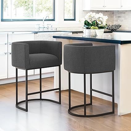 Amazon.com: LUE BONA 27" H Counter Height Bar Stools Set of 2, Modern Barrel Counter Stools with Backrest and Arms, Black Metal Frames, Linen Fabric Upholstered Accent Barstools for Kitchen Island, Carbon Gray : Home & Kitchen Kursi Bar, Modern Counter Stools, Bar Stools With Backs, Coffee Bar Ideas, Stools With Backs, Counter Height Bar, Metal Bar Stools, Counter Height Bar Stools, Modern Bar Stools