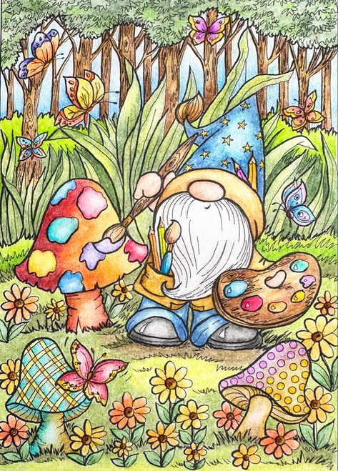 So that’s how the shrooms 🍄 get their beautiful colors! From the delightful new book Gnome Sweet Gnome by Teresa Goodridge. Used Kalour 300, Brutfuner 520, Obos, Lightfast pencils, Zig Clean Color pens. Teresa Goodridge Gnome Sweet Gnome, Gnome Sweet Gnome Coloring Book, Creative Haven Coloring Books Finished, Book Gnome, Gnomes In The Neighborhood, Gnome Coloring Pages, Gnome Painting, Denyse Klette, Teresa Goodridge