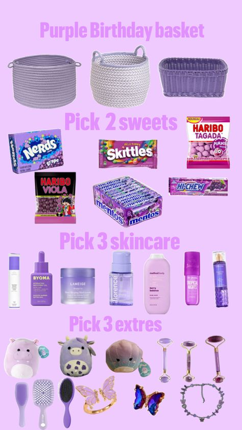 Birthday Box Ideas For Best Friend Purple, Purple Gift Box Ideas For Best Friend, Purple Birthday Gift Baskets, Light Purple Gift Basket Ideas, Purple Gift Basket Ideas Birthday, Purple Gift Box Ideas Birthday, Birthday Basket For Sister, Purple Gift Basket Ideas, Purple Gift Box Ideas